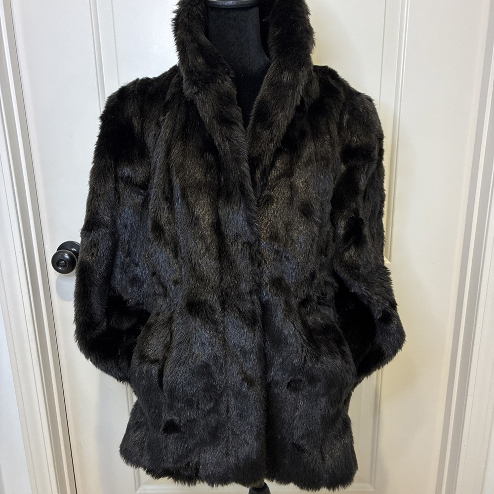 Saxton Hall Vintage Faux Fur Coat Brown Mid Length Shawl Collar Made in USA M